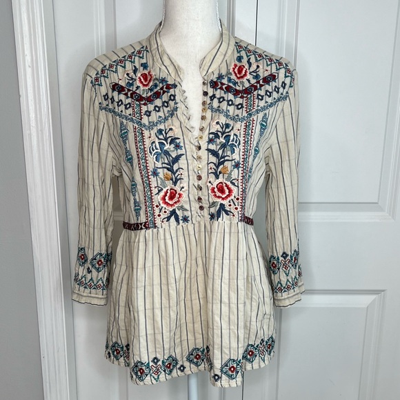 Johnny Was Cream Blue Red Embroidered Floral Stripe Blouse Small Western Fall - Picture 1 of 12